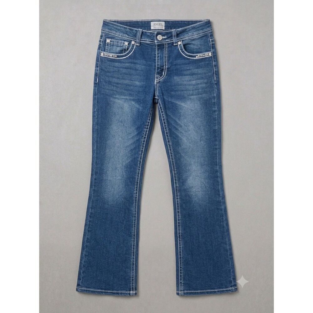 Angel Embroidered Rhinestone Flap Pocket Flare Jeans Dark Wash Size 7/26